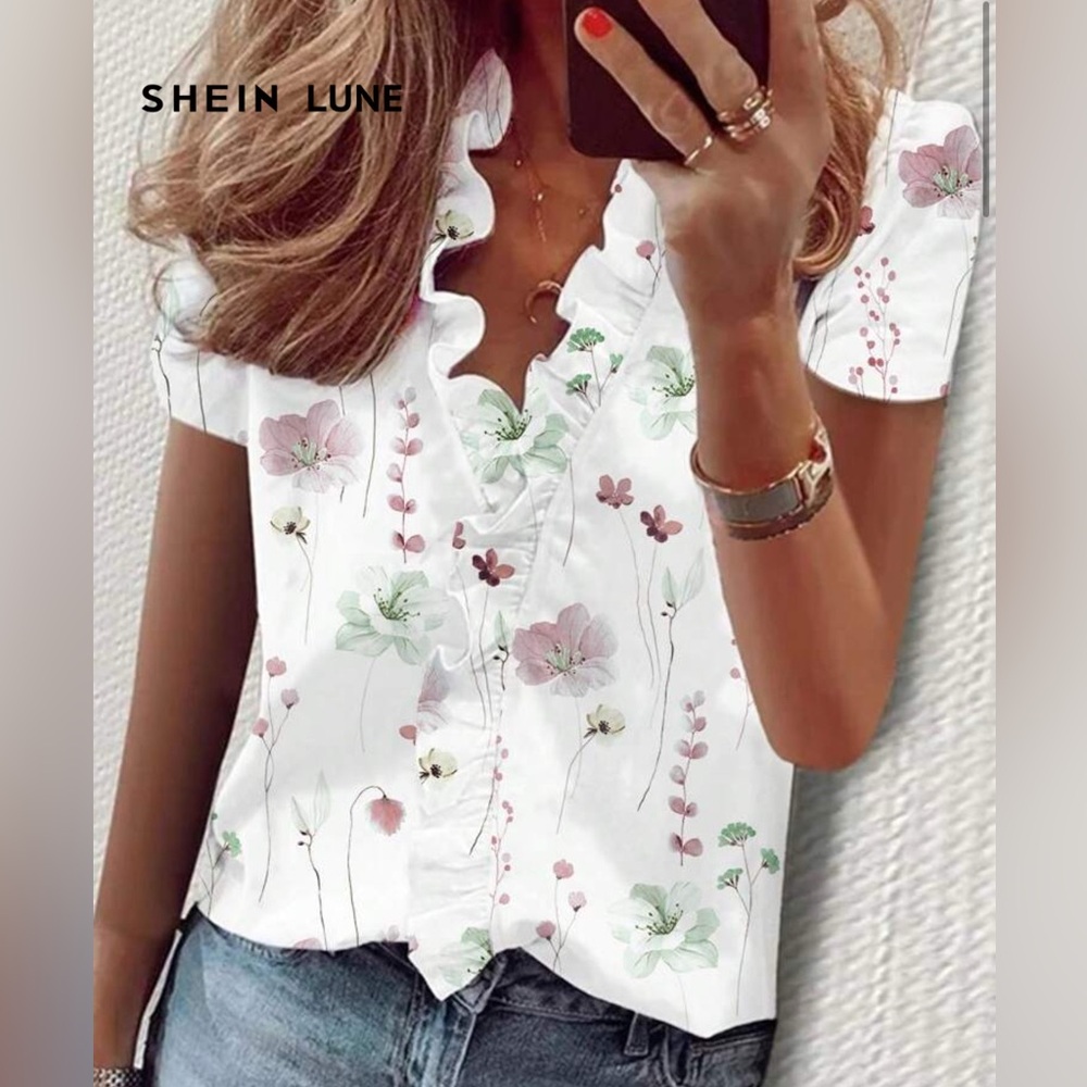 SHEIN White and Pink Ruffled Floral Cap Sleeve Blouse